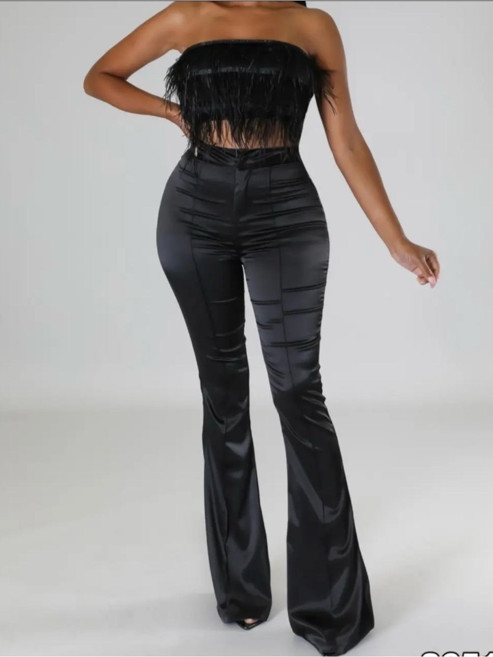 High-Waist Black Satin Flare Pants